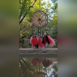 Handmade "Butterflies & Moons" Dreamcatcher Wall Hanging With Authentic Feathers